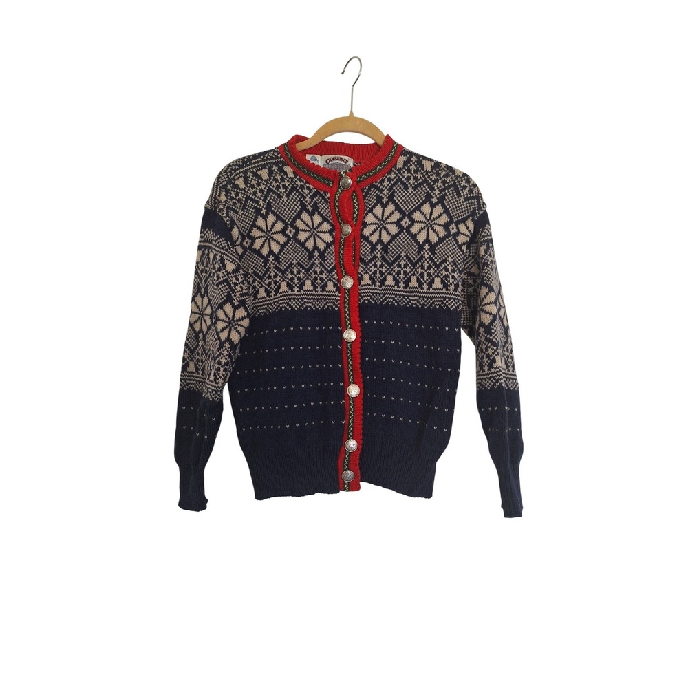 Cambridge Dry Goods Vintage Wool Fair Isle Cardigan Sweater Navy Red S